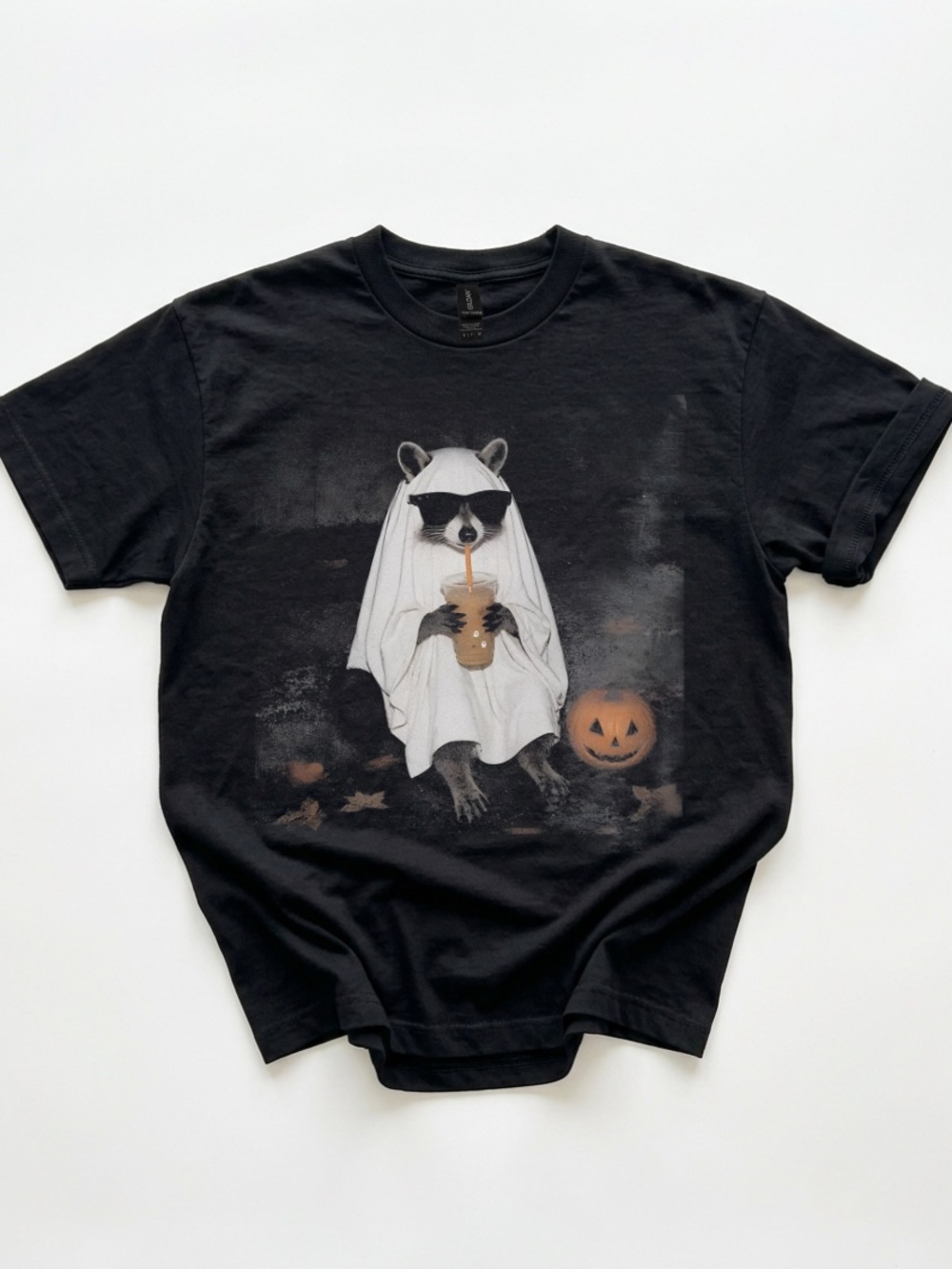 Gildan Black Halloween Raccoon Ghost Tee, Halloween Coffee Lover Gift